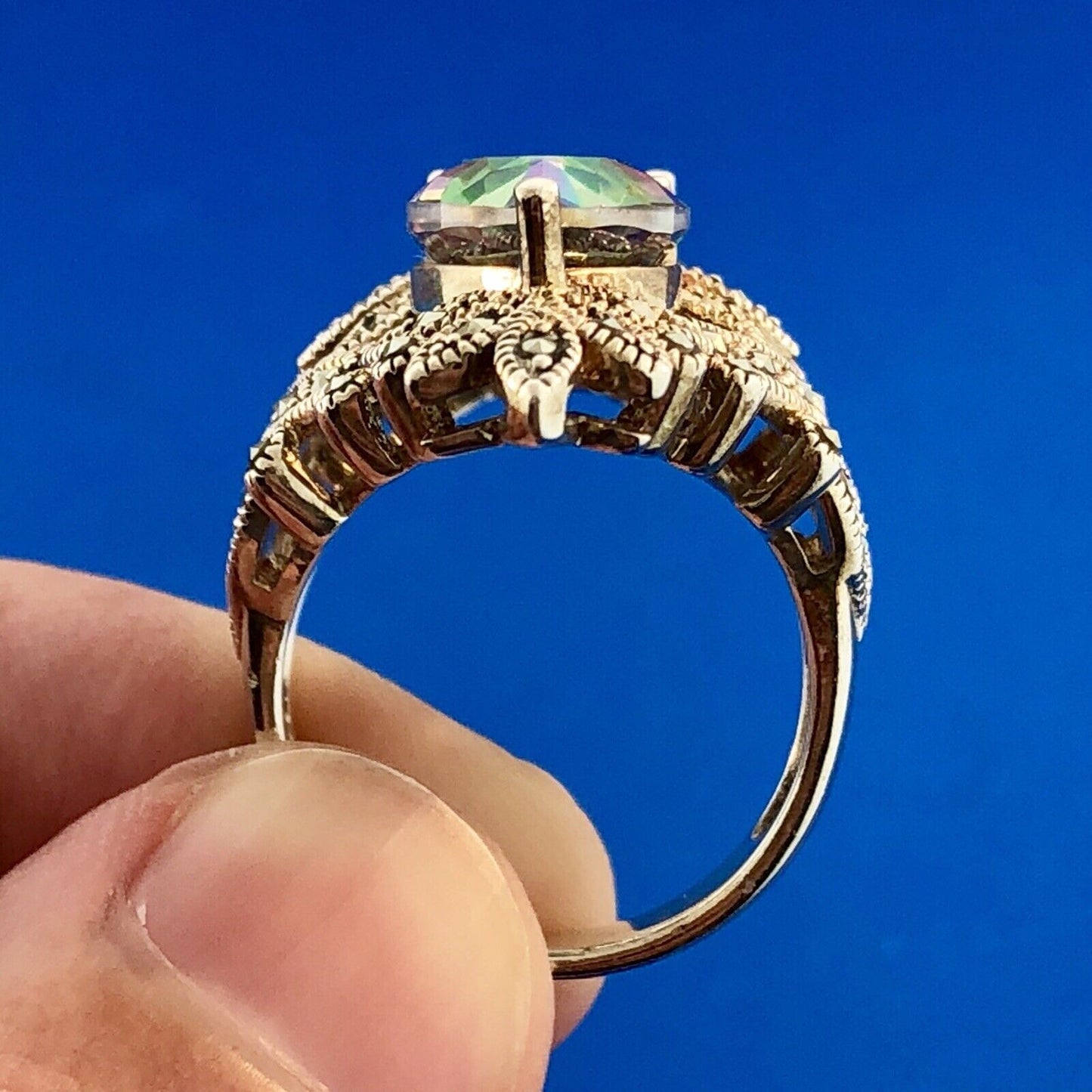 Designer BBJ Sterling Silver 925 Mystic Topaz Marcasite Statement Finger Ring