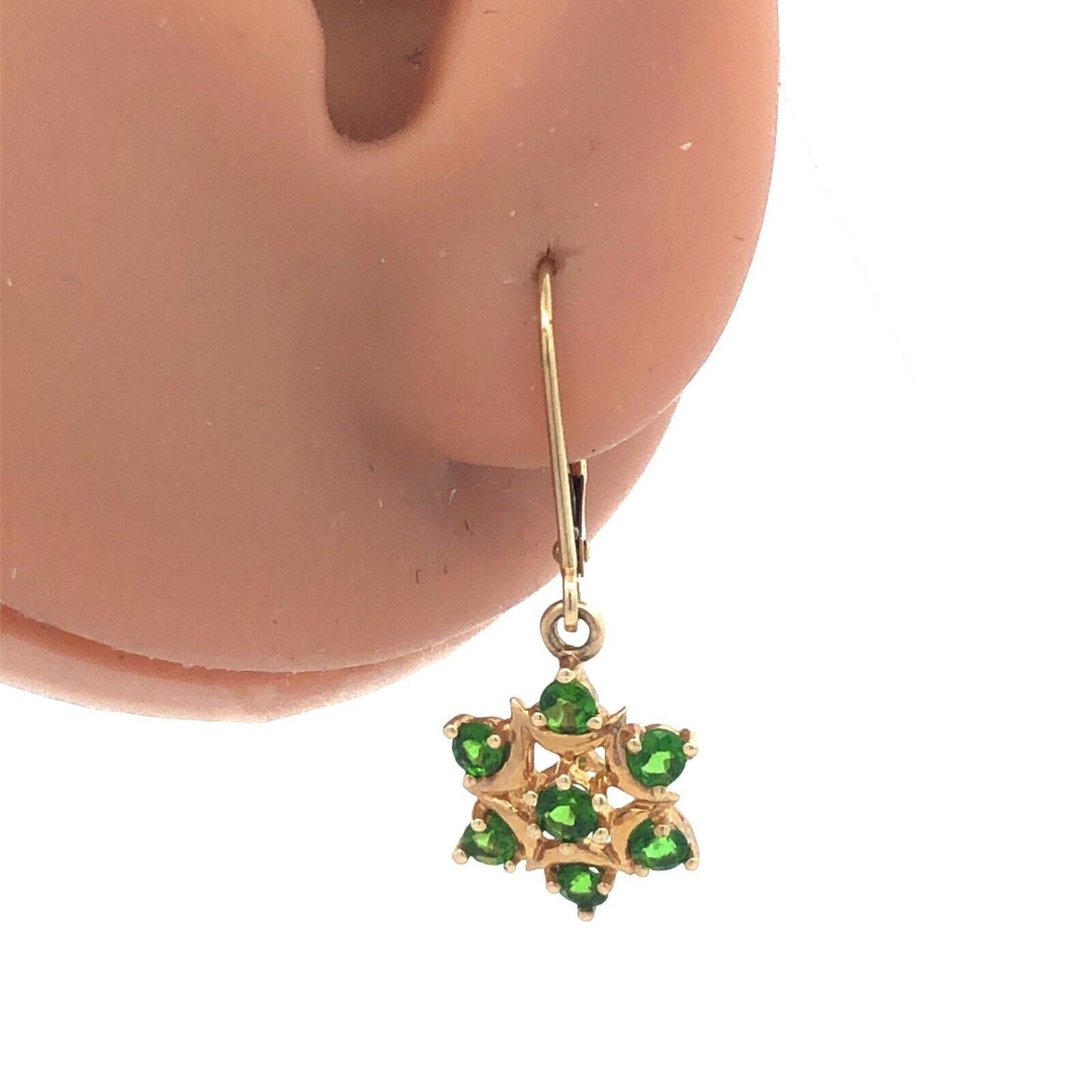 14K Yellow Gold Round Green Tourmaline Flower Leverback Dangle Earrings