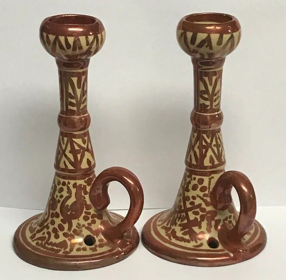 Spain Signed VC Pair Copper Metallic Glazed Hand Painted Handled Candle Holders