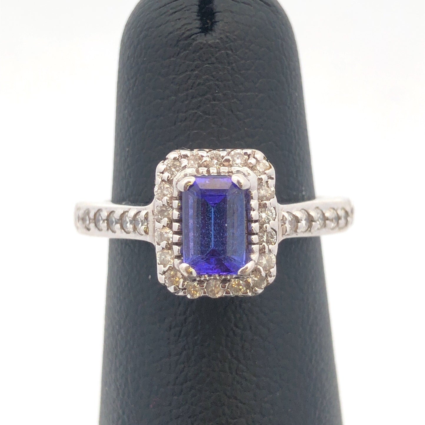 Designer 14K White Gold Emerald Cut Tanzanite Diamond Halo Engagement Ring
