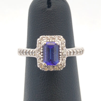 Designer 14K White Gold Emerald Cut Tanzanite Diamond Halo Engagement Ring