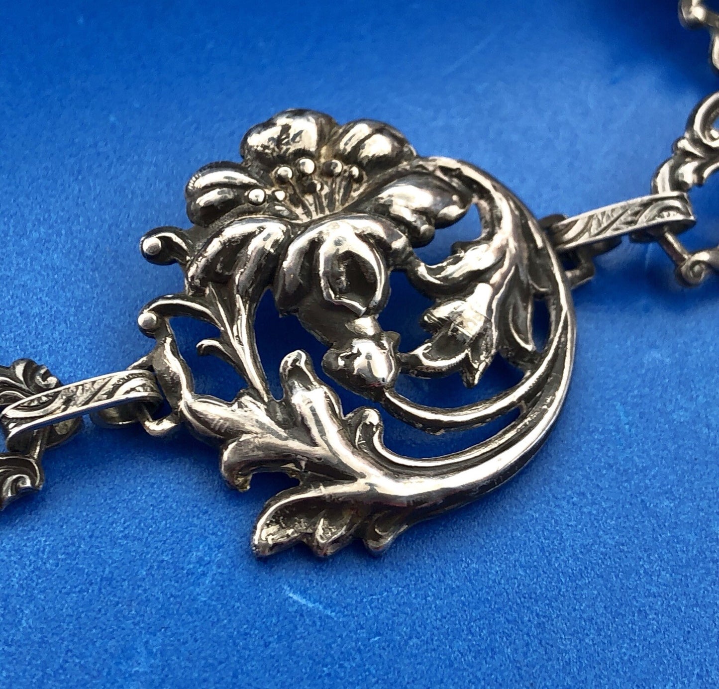 Vintage Art Deco Sterling Silver 925 7.5" Womens Floral Link Bracelet