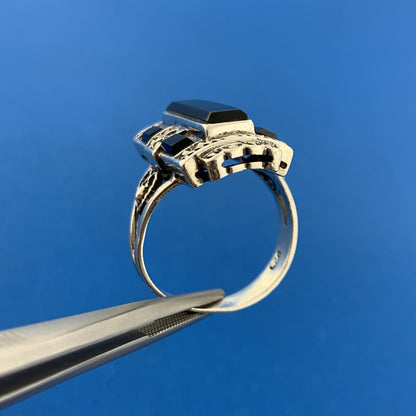 Estate 925 Sterling Silver Black Onyx Marcasite Heart Openwork Statement Ring