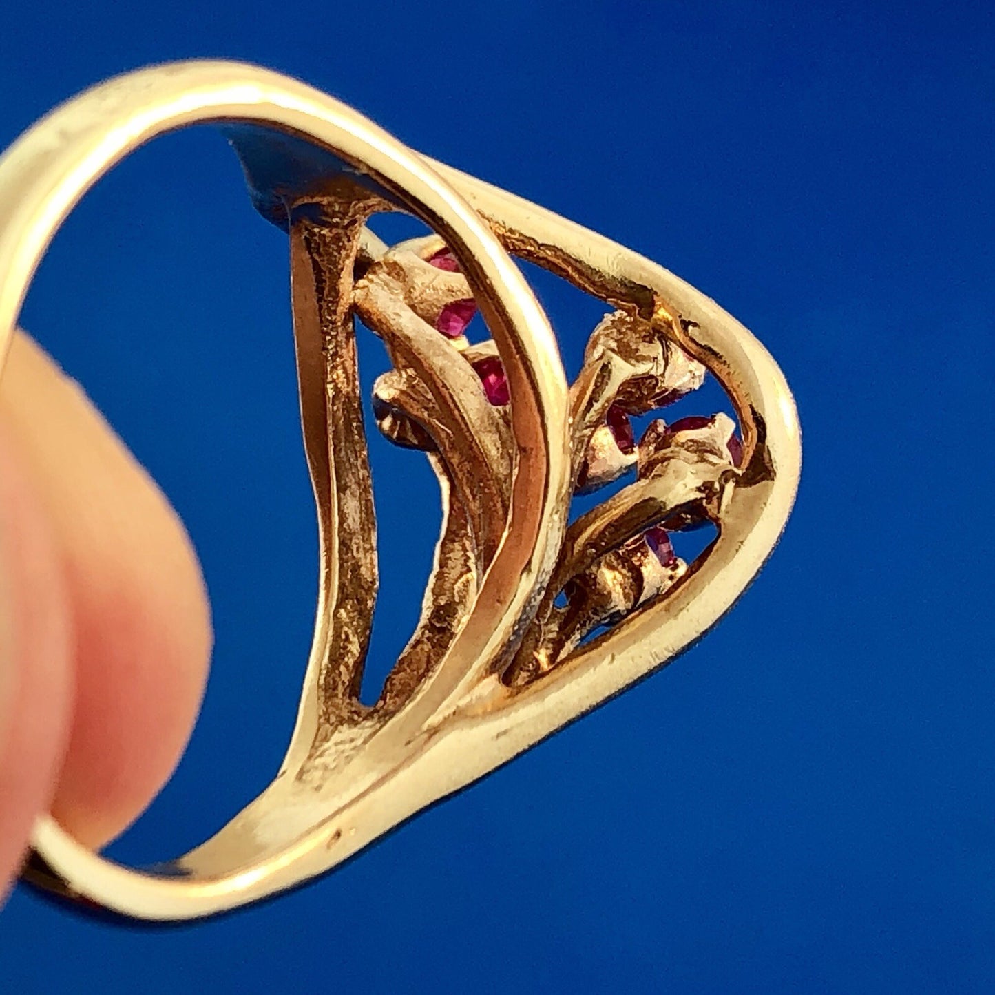 14K Yellow Gold Ruby Cluster Free Form Modernist July Birthday Cocktail Ring