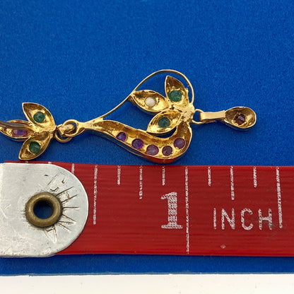 Vintage 10K Yellow Gold Ruby Emerald Pearl Floral Tiered Drop Dangle Earrings