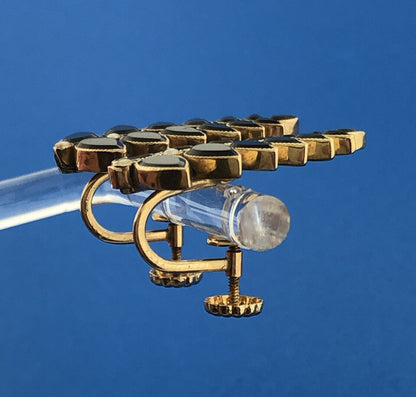 Vintage 14k Yellow Gold Onyx Inlay Seed Pearl Fern Leaf Screw Back Earrings