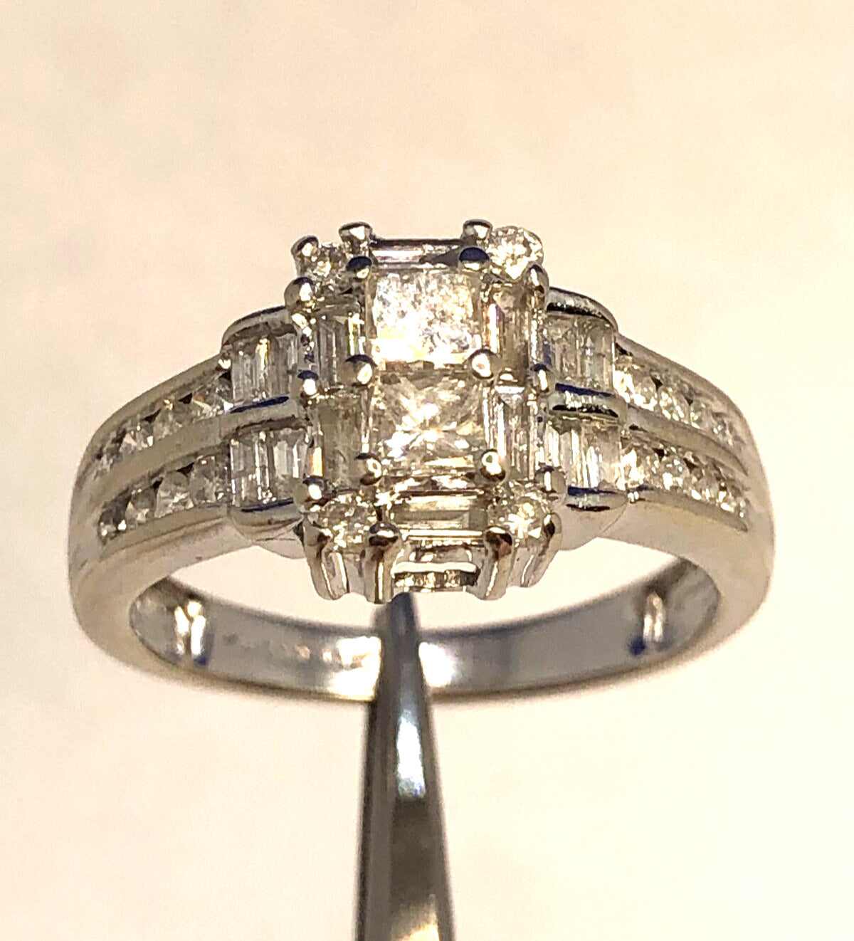 Estate 14K White Gold Princess Round Baguette Diamond Engagement Ring