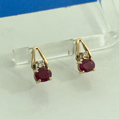 Designer 14K Yellow Gold Oval Ruby Round Diamond Accented Stud Earrings