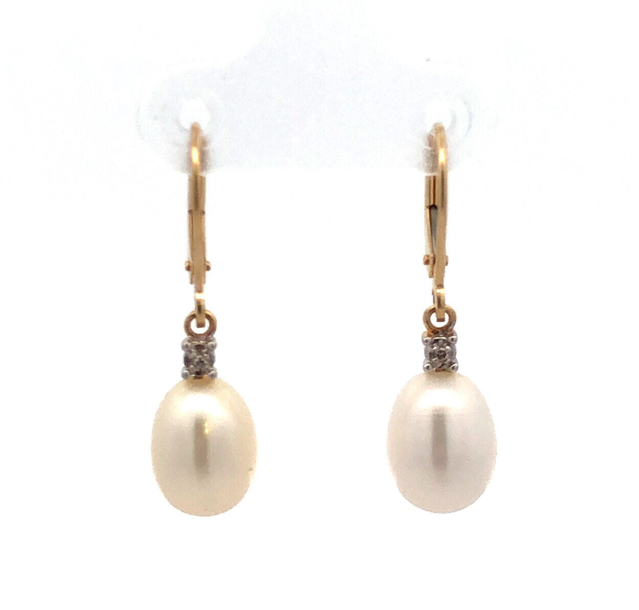Designer 14K Yellow Gold Diamond Accent Pearl Dangle Lever Back Earrings