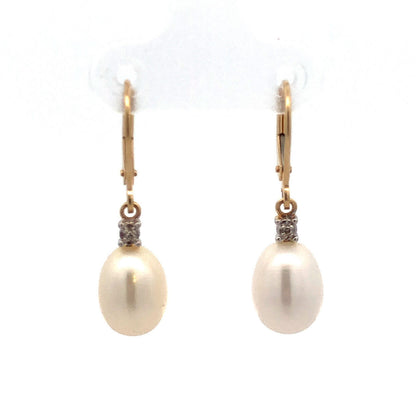 Designer 14K Yellow Gold Diamond Accent Pearl Dangle Lever Back Earrings