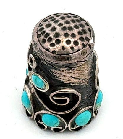 Vintage Taxco Mexico 925 Sterling Silver Turquoise Vines Scroll Thimble