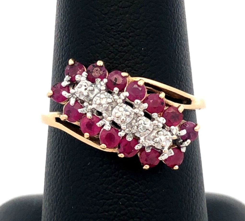 Designer RN 10K Yellow Gold Round Ruby Diamond Oval Waterfall Bypass Ring