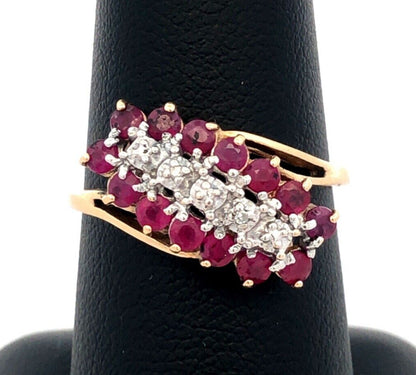Designer RN 10K Yellow Gold Round Ruby Diamond Oval Waterfall Bypass Ring