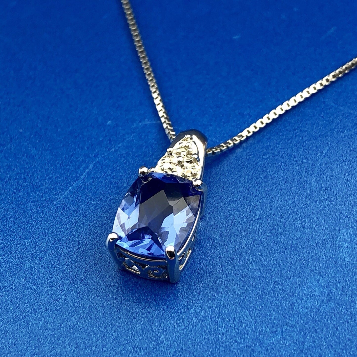 925 Sterling Silver Blue Cubic Zirconium with Diamond Accent Pendant Necklace
