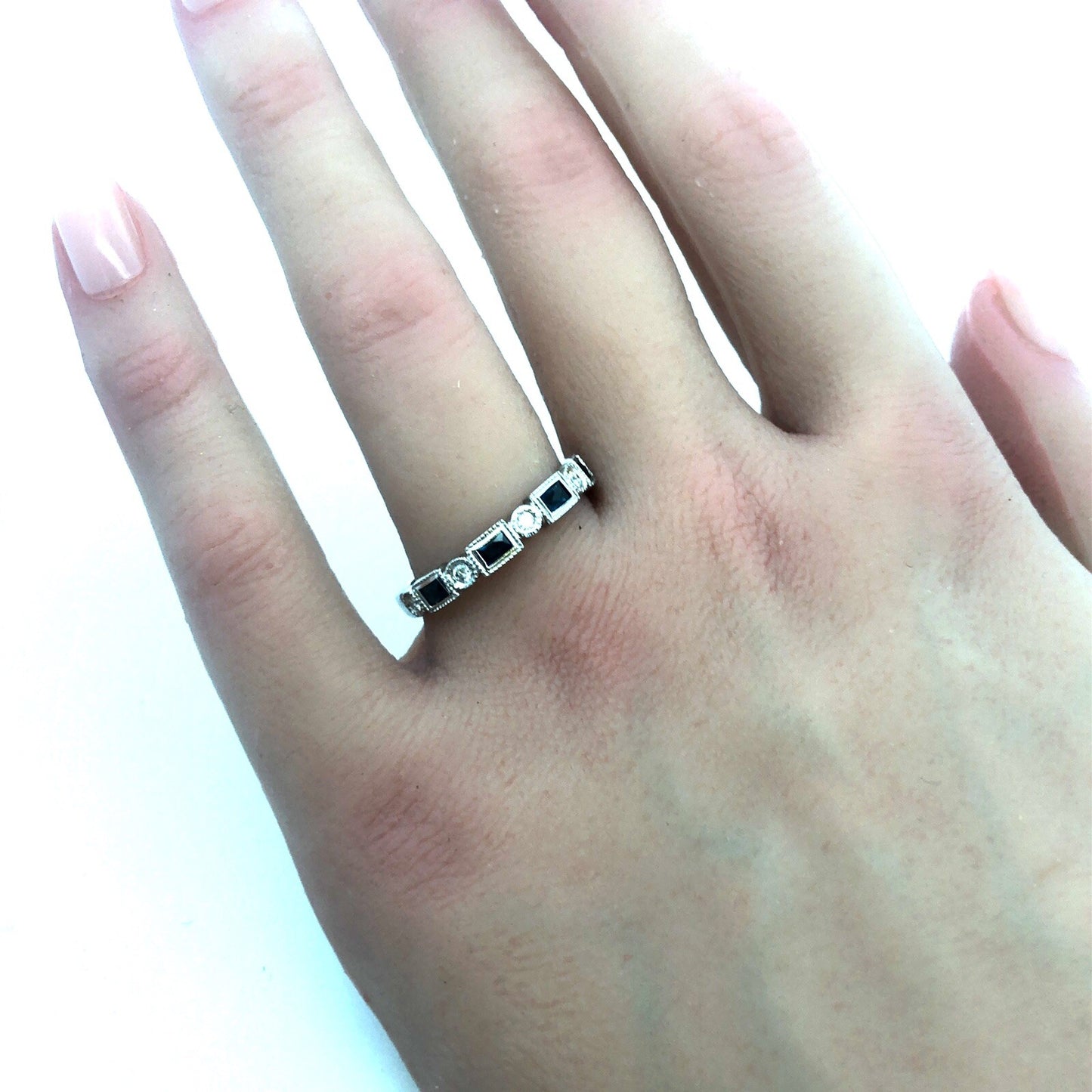 18K White Gold Emerald Cut Sapphire Round Diamond Stackable Anniversary Ring