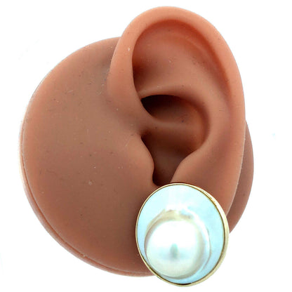 Designer 14K Yellow Gold Mabe Pearl Round Statement Dome Stud Earrings