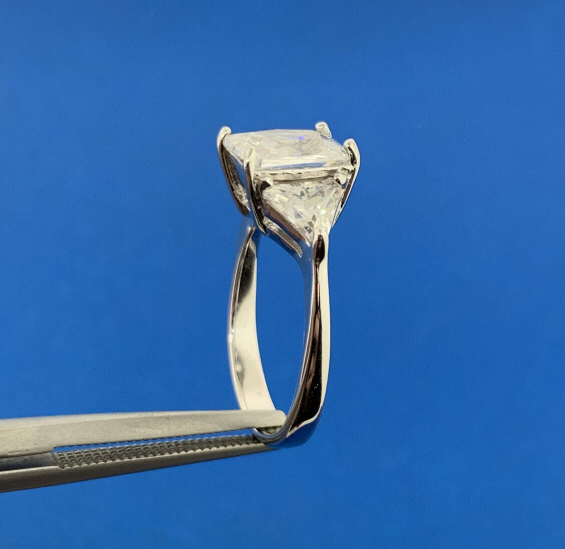 Designer 925 Sterling Silver Emerald Cut Cubic Zirconia Triangle Accented Ring