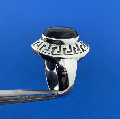 Designer 925 Sterling Silver Oval Black Onyx Cabochon Greek Etched Halo Ring