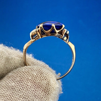 Retro 14K Yellow Gold Oval Blue Spinel Diamond Accented Statement Cocktail Ring