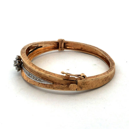 Vintage 14K Yellow Gold Round Diamond Flower Textured Hinged Bangle