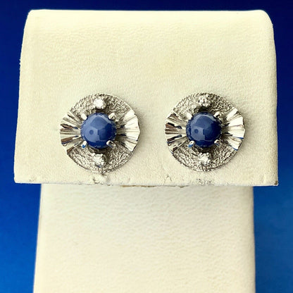 Mid Century 14K White Gold Blue Star Sapphire Diamond Textured Stud Earrings