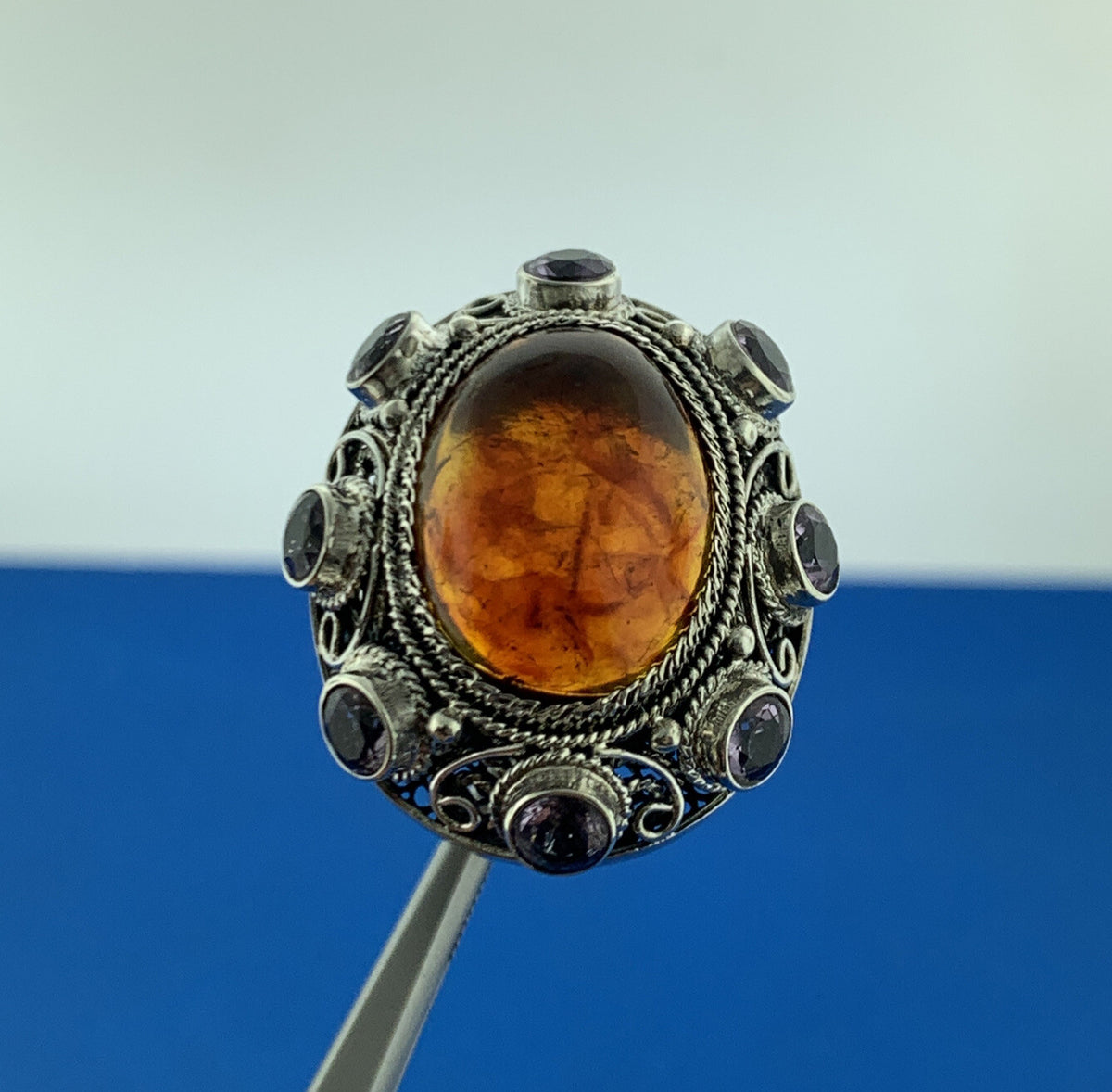 Designer 925 Sterling Silver Amber Cabochon Amethyst Accented Statement Ring