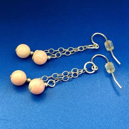 Designer Sterling Silver 925 Pink Coral Ball Bead Drop Dangle Earrings