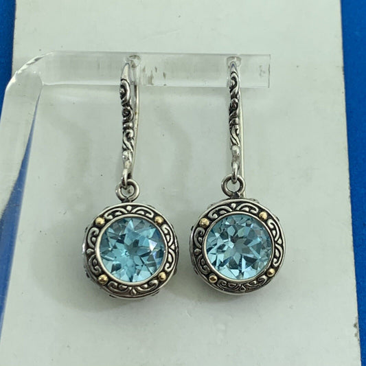 Designer DS ID Sterling Silver 18K Yellow Gold Round Blue Topaz Dangle Earrings