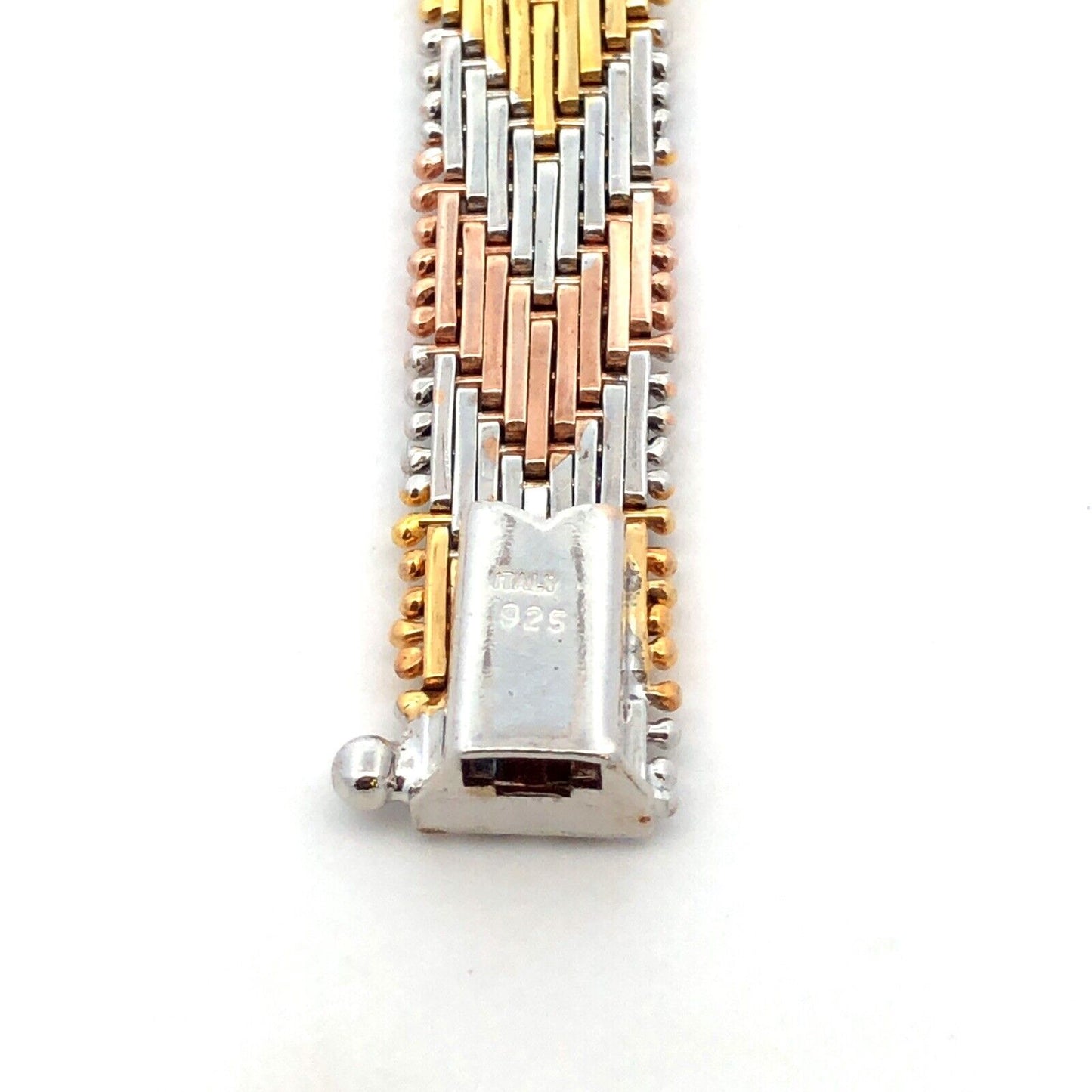 Italy Sterling Silver Gold Rose Gold Vermeil Tri-Color Chevron Chain Bracelet