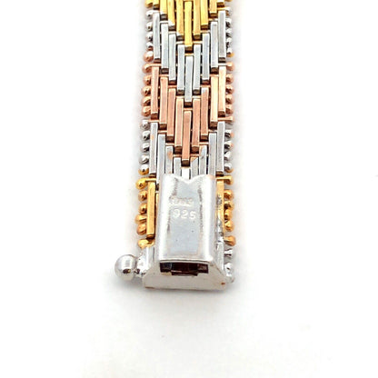 Italy Sterling Silver Gold Rose Gold Vermeil Tri-Color Chevron Chain Bracelet