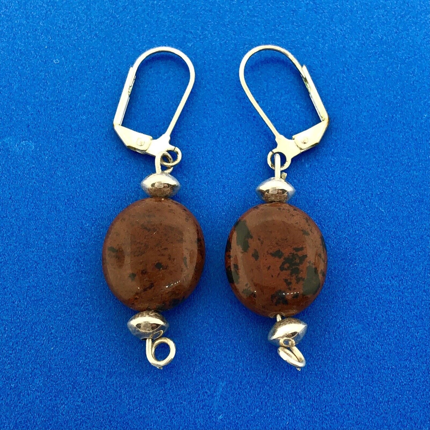 Lovely Silver Toned Brown Black Cabochon Agate Leverback Dangle Earrings
