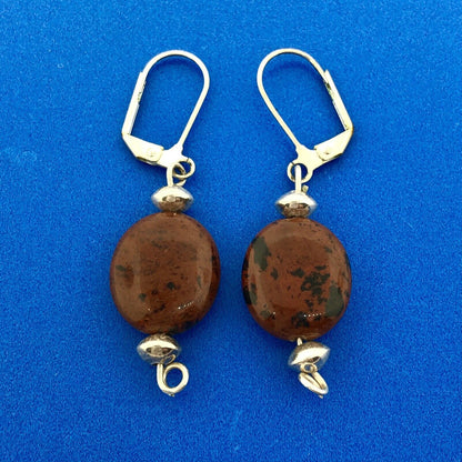 Lovely Silver Toned Brown Black Cabochon Agate Leverback Dangle Earrings