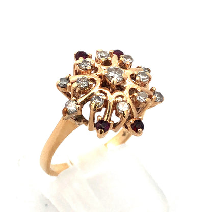 Designer 14K Yellow Gold Diamond Ruby Accent Starburst Snowflake Cocktail Ring