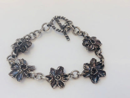 Native American Signed Sterling Silver 925 Flower Panel Toggle Bracelet