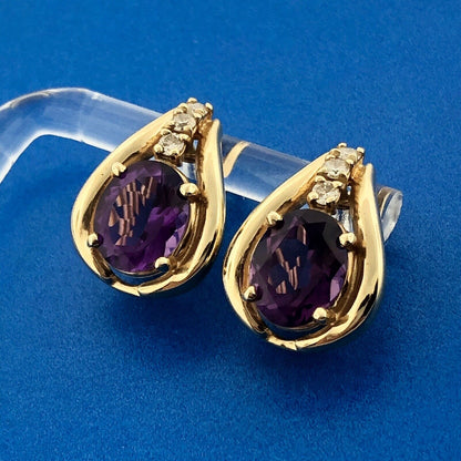 Estate 14K Yellow Gold Oval Amethyst Diamond February Anniversary Omega Earrings