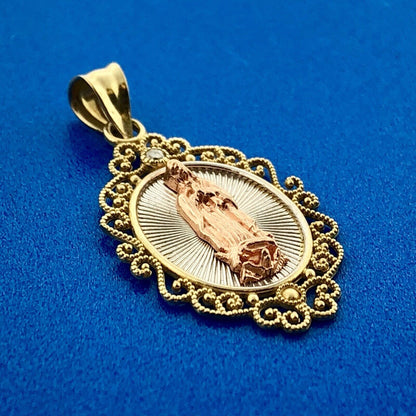 Vintage 10K Yellow White Rose Gold Diamond Oval Filigree Mother Mary Pendant