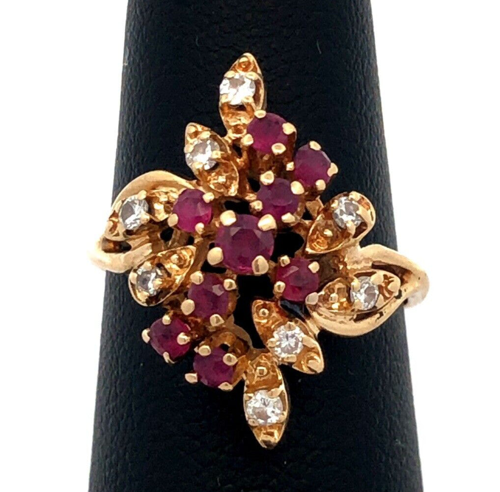 Vintage HJW 14K Yellow Gold Ruby Diamond Cluster Waterfall Cocktail Ring