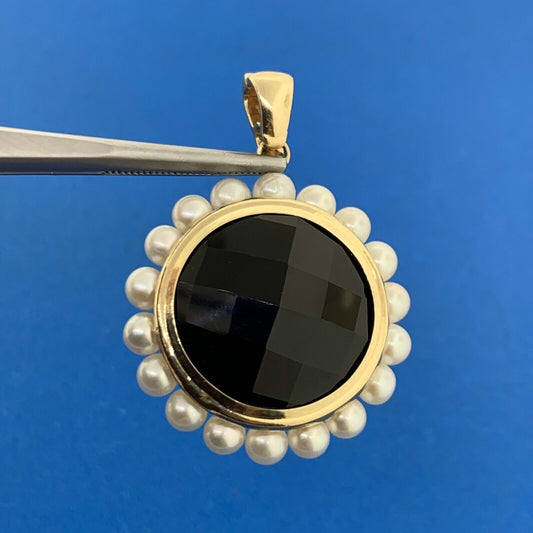 14K Yellow Gold Faceted Black Onyx Pearl Halo Statement Enhancer Pendant