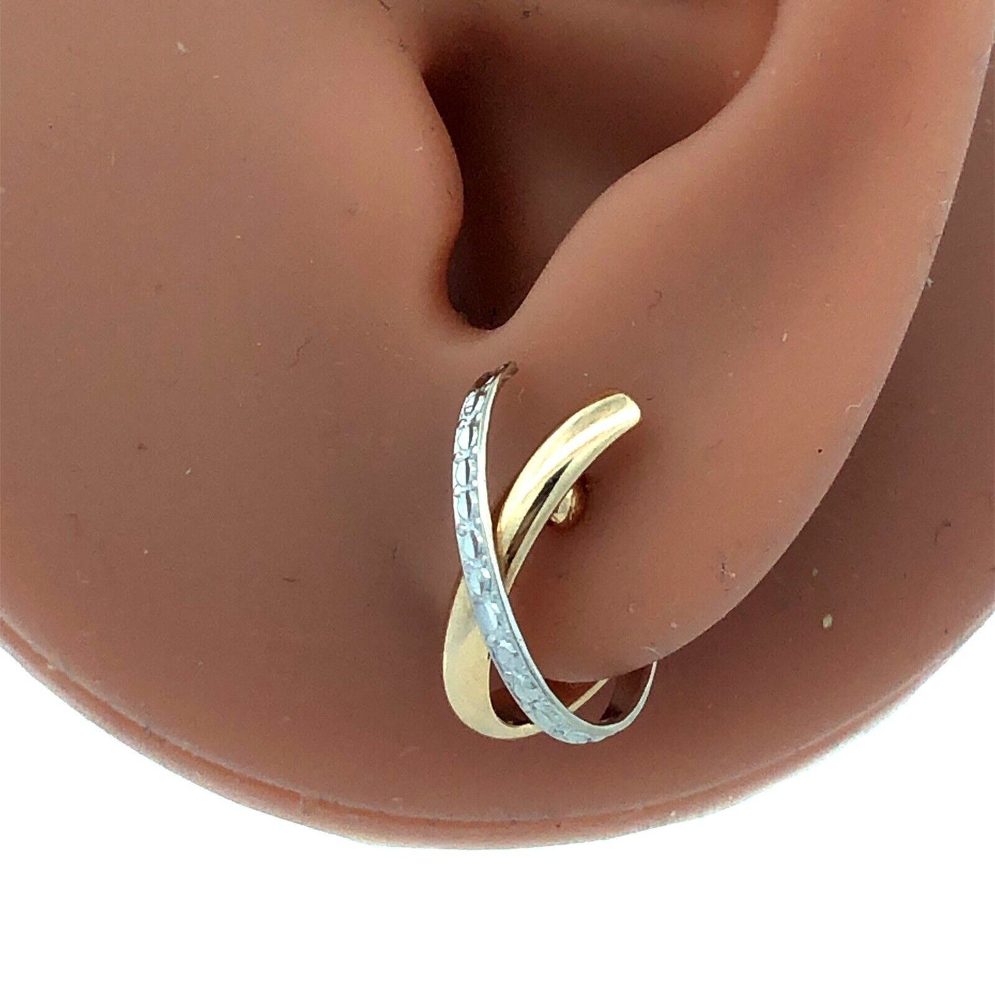 Designer 14K Yellow White Gold Textured X Criss Cross Two Tone Hoop Earrings