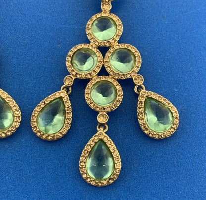 Vintage Carolee Lux Gold Tone Green & Gold Rhinestone Chandelier Dangle Earrings