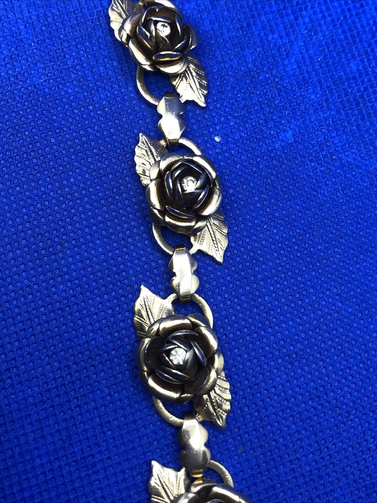 Vintage Gold-Tone Rhinestone Rose Flower Station Statement Bracelet