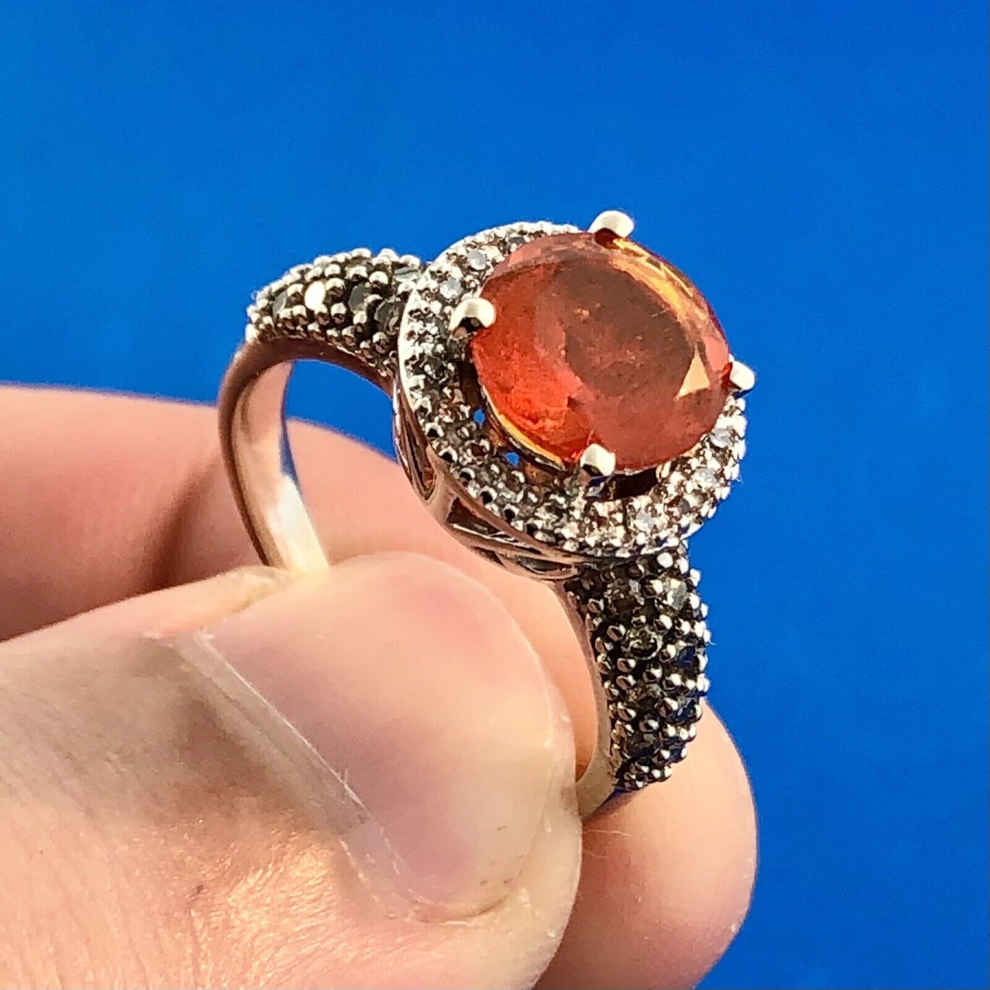 Stunning 14K White Gold Mexican Fire Opal Diamond Halo Ladies Cocktail Ring