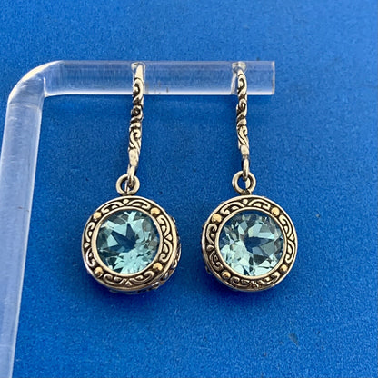 Designer DS ID Sterling Silver 18K Yellow Gold Round Blue Topaz Dangle Earrings