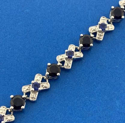 Designer 925 Sterling Silver Blue Sapphire Diamond X O Statement Tennis Bracelet
