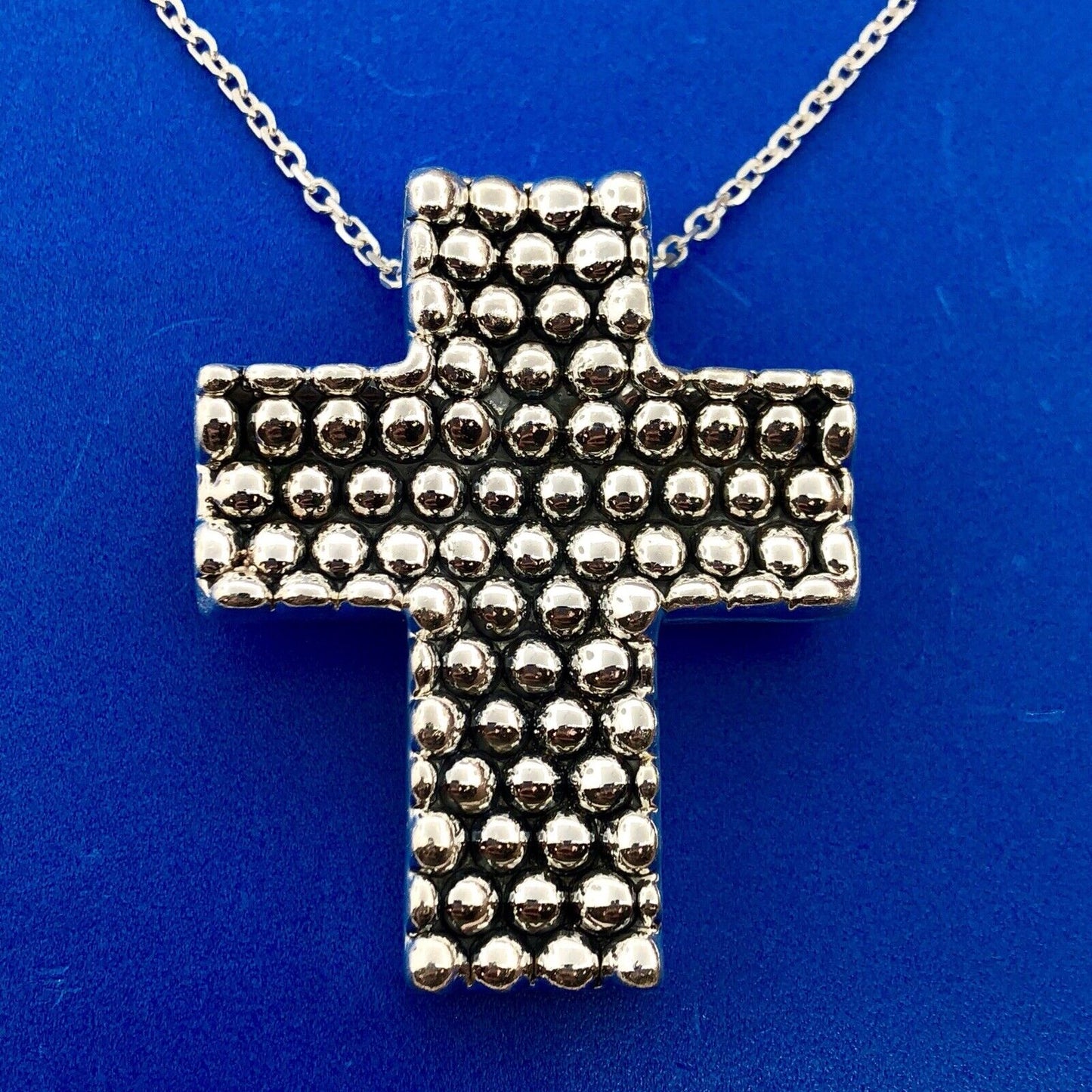 Sterling Silver 925 Intaglio Beaded Cross Religious Communion Pendant Necklace