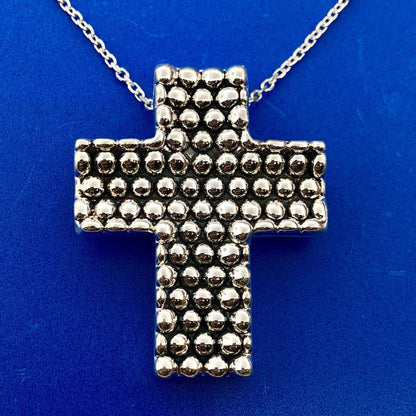 Sterling Silver 925 Intaglio Beaded Cross Religious Communion Pendant Necklace