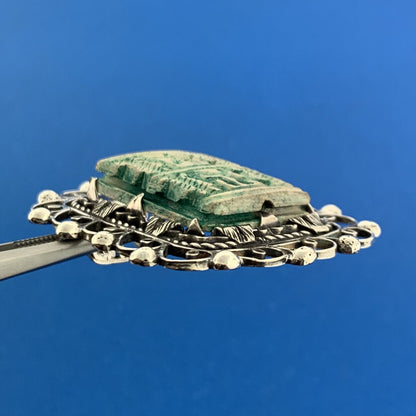 Antique 925 Sterling Silver Carved Scrimshaw Rectangle Open Work Pendant Brooch