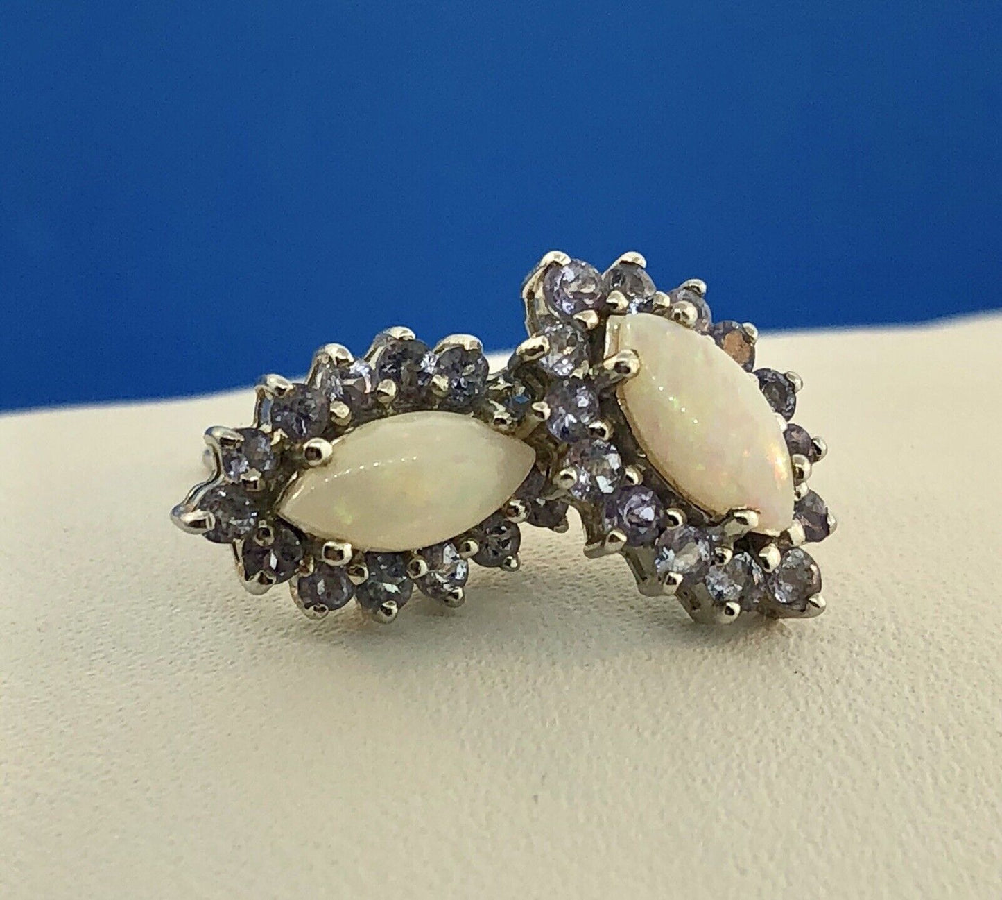 Designer 14K White Gold Marquise Opal Tanzanite Halo October Stud Earrings