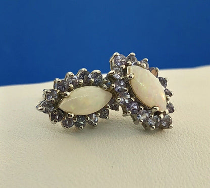 Designer 14K White Gold Marquise Opal Tanzanite Halo October Stud Earrings