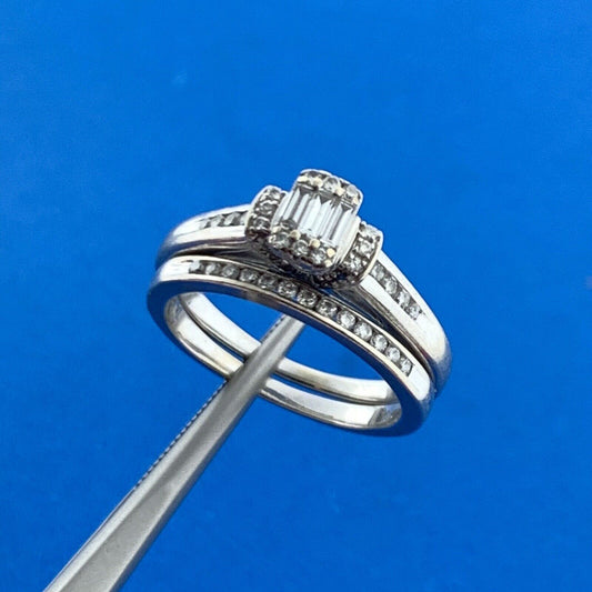 Designer Zales 10k White Gold 1KS Baguette Diamond Wedding Band Set Ring Size 7